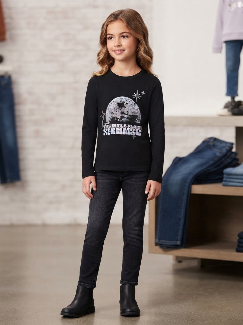 Black Long Sleeve Tee with Retro Disco Ball Design